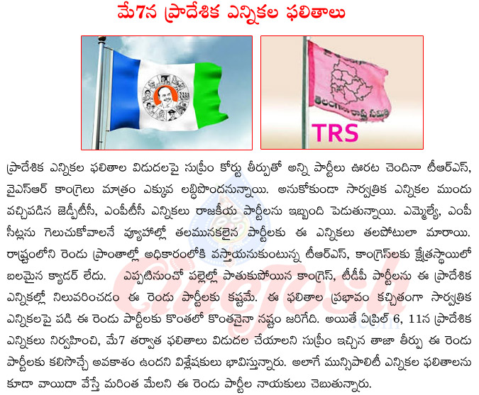 trs party,ysrcp party,zptc,mptc elections,2014 elections,supreme court judgement on mptc,zptc elections,pradeshika elections result  trs party, ysrcp party, zptc, mptc elections, 2014 elections, supreme court judgement on mptc, zptc elections, pradeshika elections result